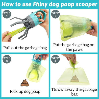 Fhiny Portable Dog Poop Scooper, No-Touch Handheld Doggy Poop Scooper Sanitary Puppy Waste Picker with Bag Dispenser Convenient Lightweight Six Claws Poop Waste Cleaner for Dog Great for Walks Travel