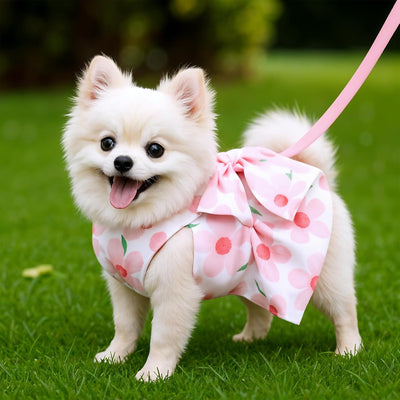Dog Dresses for Small Dogs Girls, Floral Print Puppy Clothes Bowknot Harness Dress Doggy Princess Spring Summer Breathable Female Pet Skirts Outfits with Collar Leash Attachment(Pink, S)