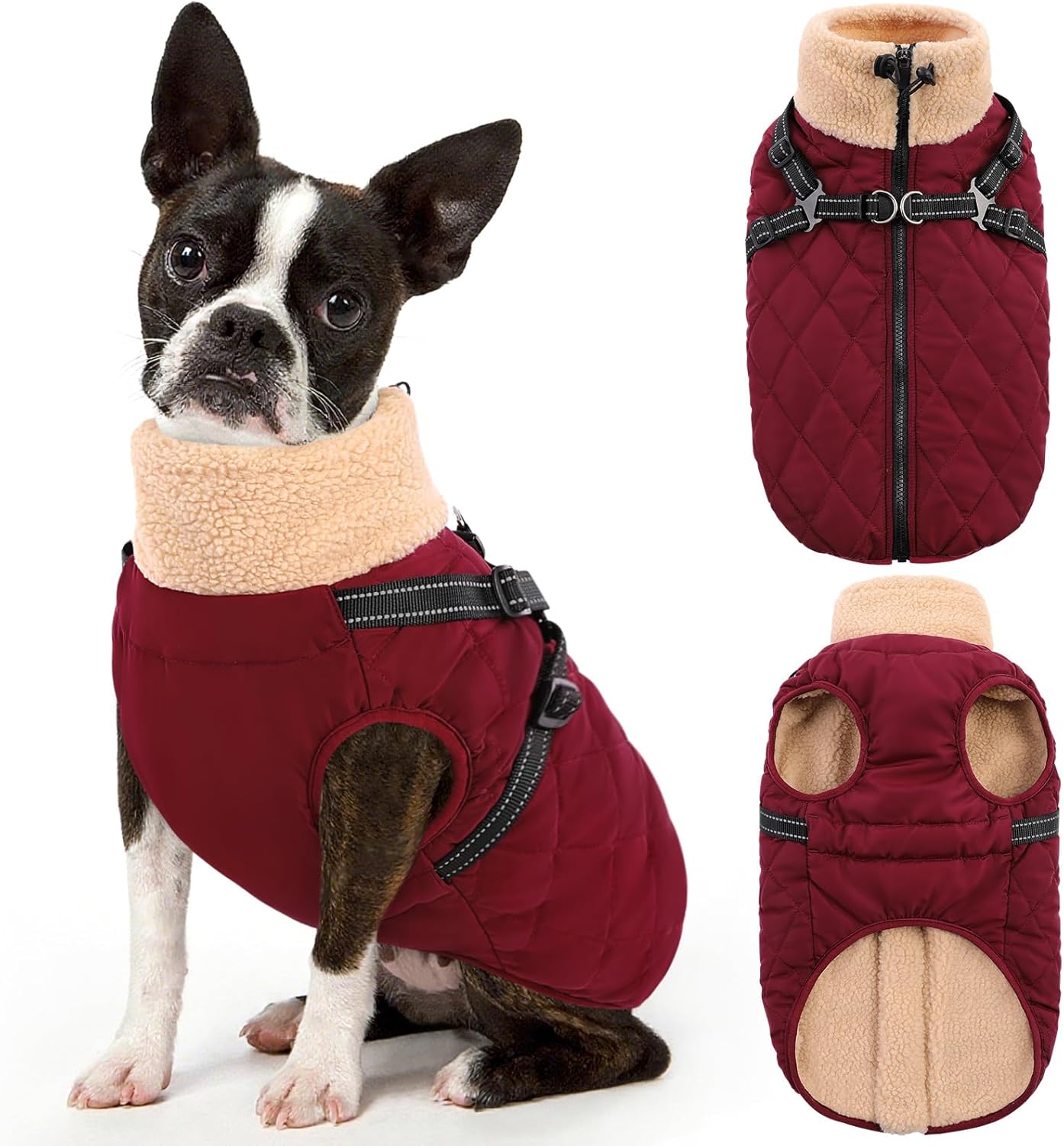 Queenmore Dog Coat, Dog Coats for Small Dogs, Doggy Winter Jacket with Zipper On Back, Waterproof Pet Jacket with Harness Built in, Pet Puffer Coat for Bichon, Schnauzer, Yorkie, Burgundy S