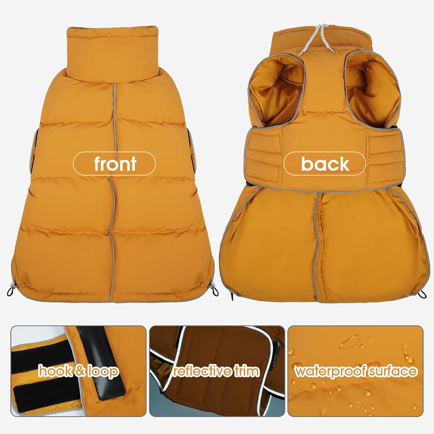 FUAMEY Dog Puffer Jacket for Large Dogs,Dog Cold Weather Coats Winter Dogs Down Jackets Waterproof Pet Snowsuits Warm Puppy Winter Vest Turtleneck Pets Adjustable Jackets Coats Mustard Yellow XXL