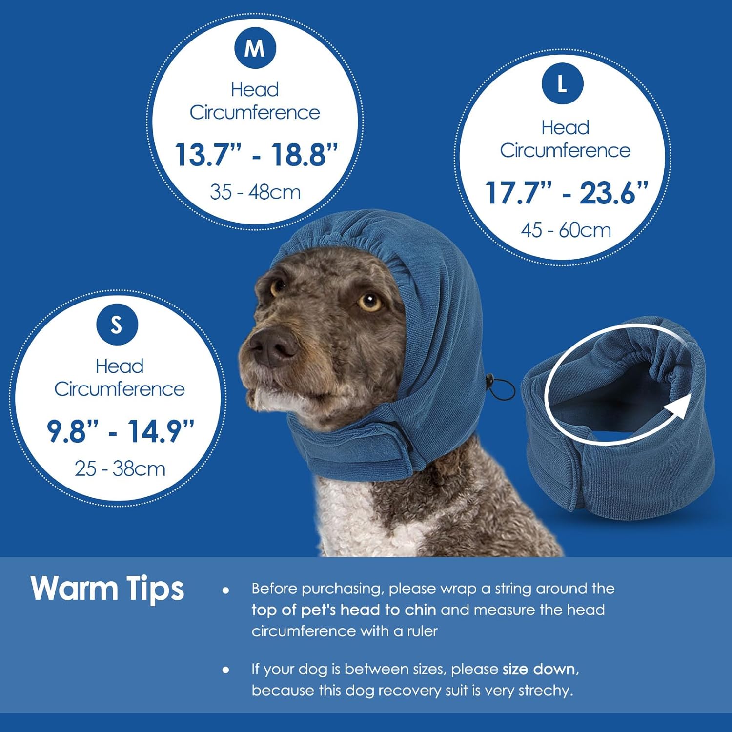SUNFURA Dog Calming Hoodie, Dog Ear Muffs Noise Protection, Ear Wrap Hematoma for Dogs, Adjustable No Shake Head Cover Anxiety Relief, Grooming, Blow Drying, Fireworks, Thunderstorms, Blue L