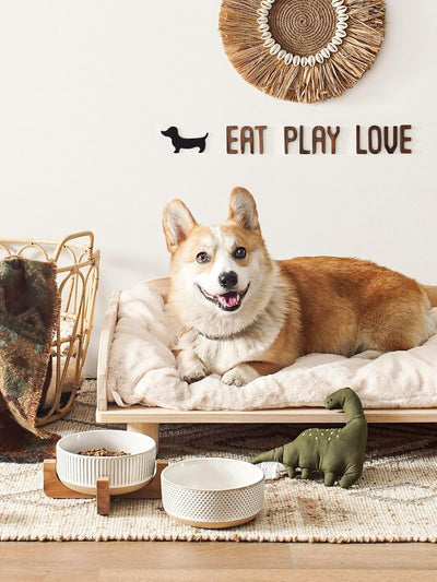 Ceramic Dog Bowls for Small & Medium Dogs - 4 Cup Small Dog Food and Water Bowls with Wood Stand, Cute Pet Dishes Set of 2, Lines+Dot