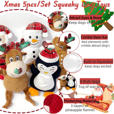 5 Pieces Christmas Squeaky Interactive Dog Toys with Crinkle, Plush Toy to Keep Them Busy for Boredom, Dog Toy for Small Medium Large Dogs - Santa/Penguin/Snowman/Gingerbread Man/Deer
