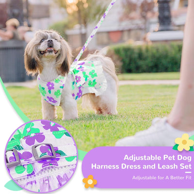 Dog Harness Dress Leash Set for Small Dog Summer Clothes Girl Female Puppy Cats Outfits Cute Floral Bowknot Princess Birthday Dress for Extra Small Pet Doggie Kitten Outfits Apparel(Green,XS)