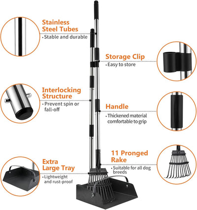 Toozey Unbreakable Dog Pooper Scooper with Extra Large Stainless Metal Poop Tray & 43.31" Long Handle Rake Scoop, Easy Waste Cleanup for Large, Medium, Small Dogs with 20 Bags