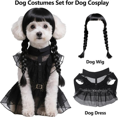 3pcs Dog Costume for Medium Dogs Puppy Clothes with Wig and Belt Black Pet Dog Dress Outfit for Dogs Cats Cosplay Halloween Birthday Party AN002M