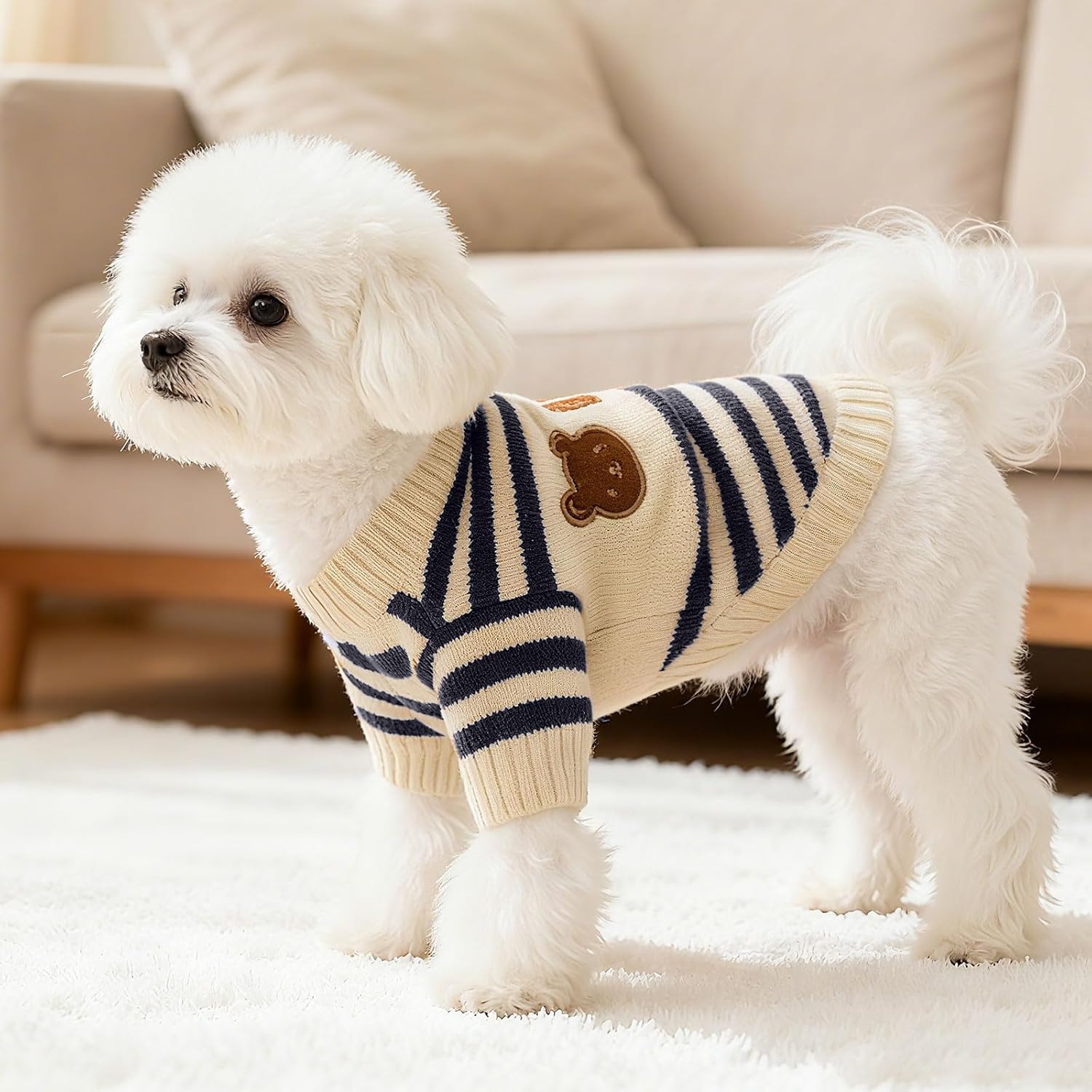 Dog Sweaters for Small Dogs with Cute Bear Pattern, Striped Soft Stretchable Warm Puppy Clothes for Small Dogs Cats, French Bulldog, Chihuahua for Winter