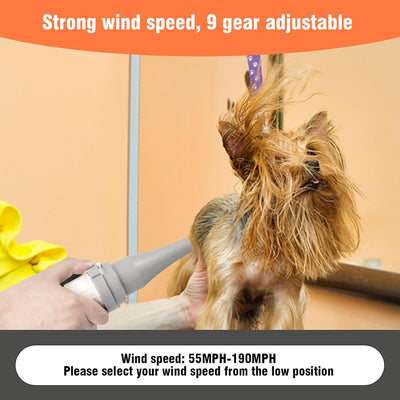 Dog Dryer, high-Speed Professional pet Grooming Dryer, 55MPH-190MPH,9 Adjustable Wind Speed and Temperature Settings，Fast Drying, 3 Different nozzles, Suitable for All Kinds of Pets（Black）