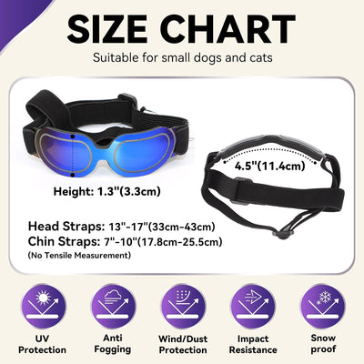 ENJOYING Gafas de sol para perros pequeños, protección UV, gafas de sol para gatos grandes, niebla, resistentes al viento, protección contra ojos de perrito, con banda ajustable, para perros pequeños, azul