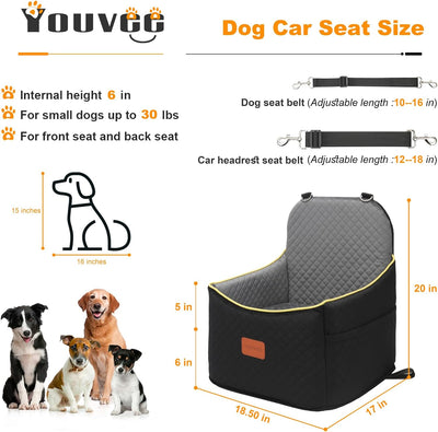 Youvee Dog Car Seat,Elevated Pet Booster with Interior Height 6 Inches for Small Dog up to 30 lbs,Memory Foam Travel Safety Seat for Car Front/Back Seats(View II-Black Outside Grey Inside)