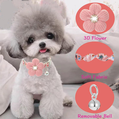 Small Dog Collar with Flower, Puppy Collar for Girl Dog Collars for Small Dogs Cute Dog Collar with Bell, Adjustable Length (Pink)
