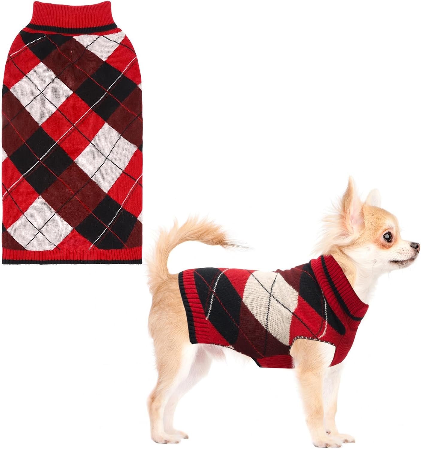 KOOLTAIL Valentine Dog Sweater Pet Knitted Clothes - Classic Pink Plaid Pullover Turtleneck Thick Warm Dog Sweaters with Leash Hole, Soft Winter Coats for Small Medium Large Dogs Cats Puppy Girls, S