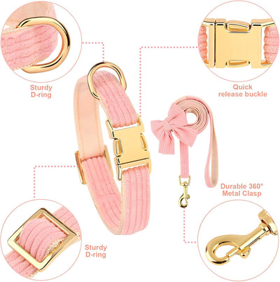 Dog Collar and Leash Set with Bowtie, Cute Girl Dog Collars Metal Buckle Adjustable 10‘’-16‘’for Small Medium Puppy Dogs with 5 FT Leash (Pink,S)
