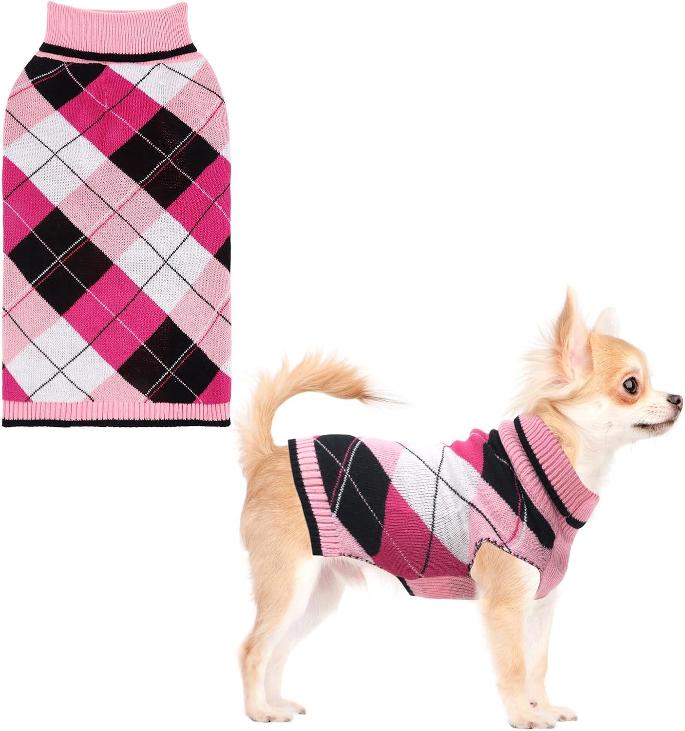 KOOLTAIL Valentine Dog Sweater Pet Knitted Clothes - Classic Pink Plaid Pullover Turtleneck Thick Warm Dog Sweaters with Leash Hole, Soft Winter Coats for Small Medium Large Dogs Cats Puppy Girls, S