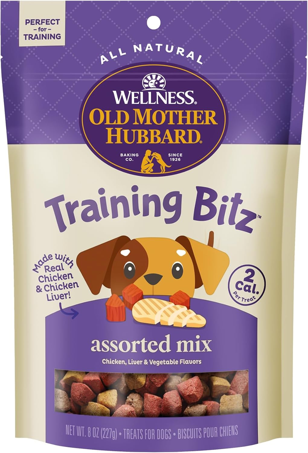 Old Mother Hubbard Wellness Training Bitz Assorted Mix Dog Biscuits, Natural, Training Treats, Three Flavors, Small Size, (8 Ounce Bag)
