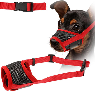 Dog Muzzle Soft Nylon Muzzle Breathable Pets Muzzle Anti Barking Biting and Chewing Comfortable Mesh Soft Fabric Muzzle Adjustable Strap for Small Dogs (Red)
