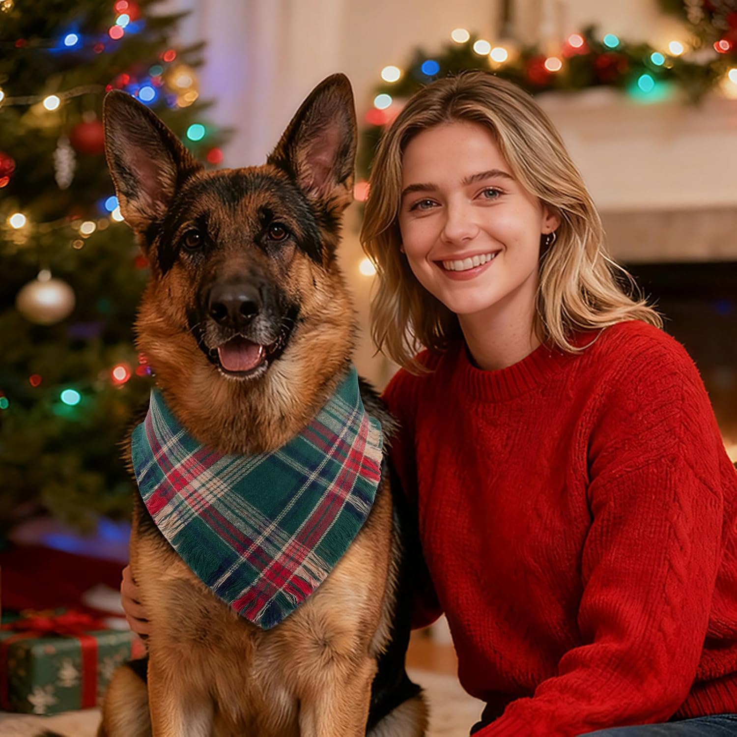 2 PCS Christmas Dog Bandanas with Tassels, Two-Sided Classic Red & Green Plaid Dog Apparel & Accessories, Trendy & Country Triangle Holiday Pet Scarf & Photo Prop for Medium, Large Dogs(Large)