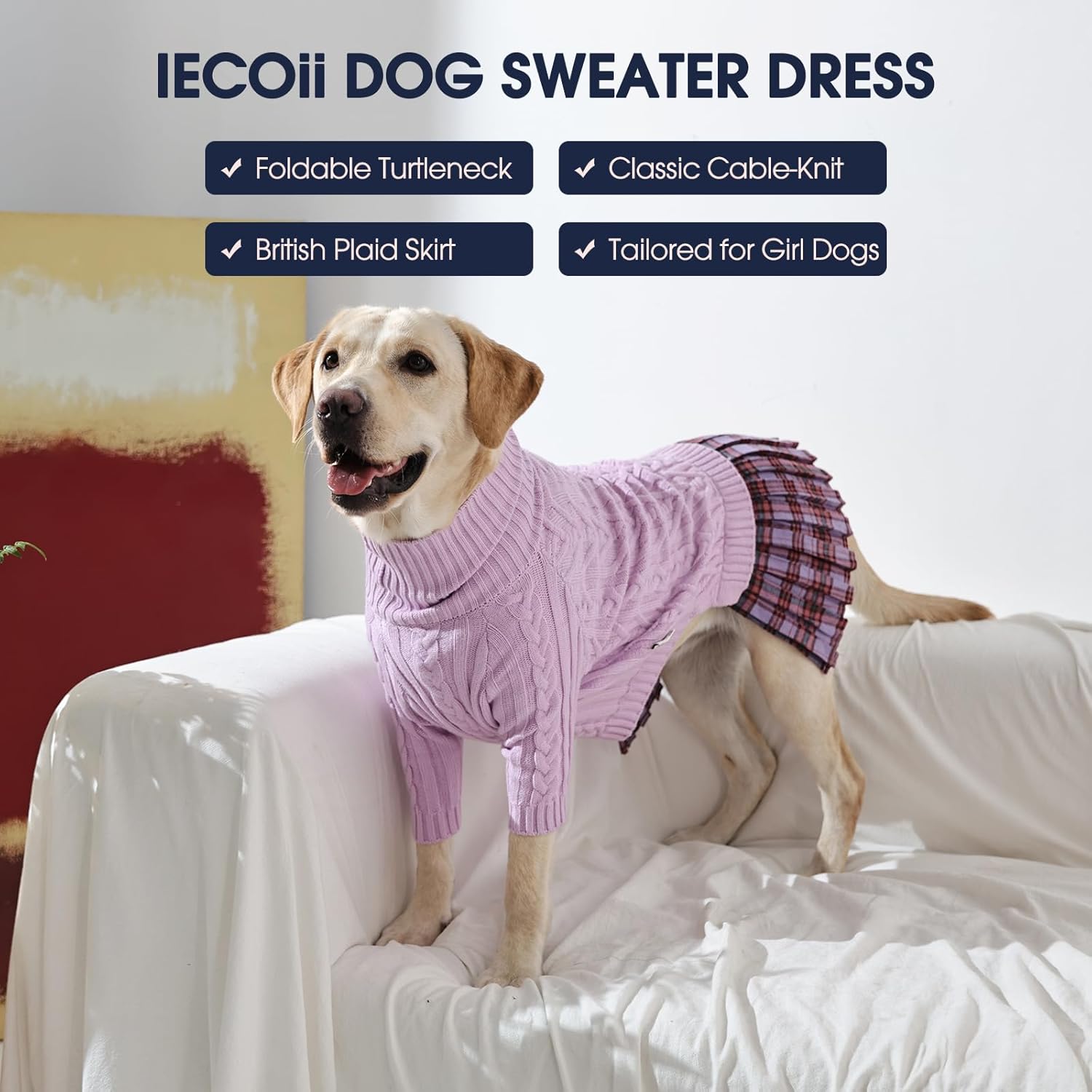 IECOii Big Girl Dog Sweater Dress, Cable Knit Sweater for Extra Large Dogs Girl,Purple,4XL, Cute Dog Warm Dress for Fall Winter, Good Stretcy Fit Knitwear for Giant Breed Dogs Female Indoor & Outdoor