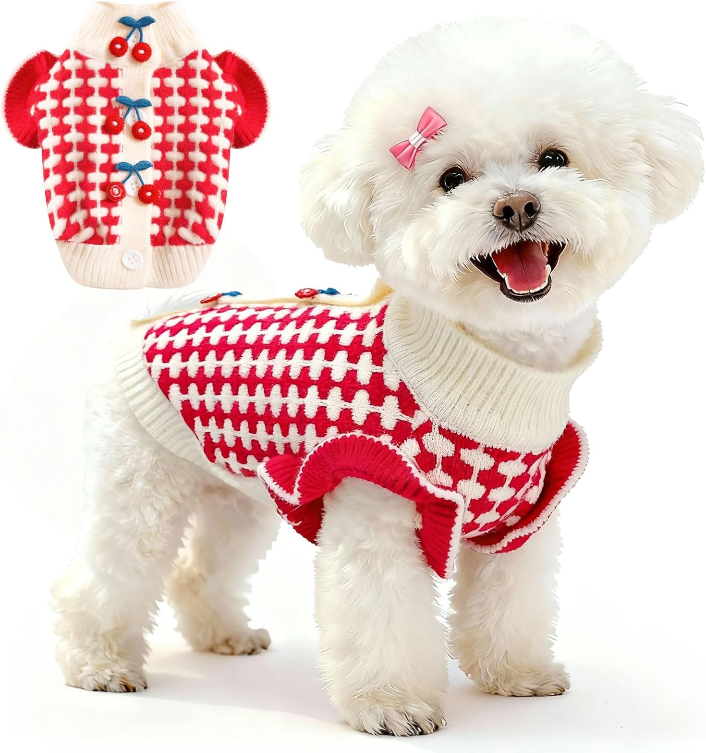 BAEJMJK Cute Cherry Small Dog Sweater Soft Girl Dog Clothes Turtleneck Warm Pet Puppy Knitted Pullover Princess Dogs Cats Outfits(Red Cherry A,X-Small)