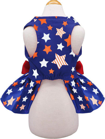 4th of July Dog Dress with Stars Pattern and Bowknot Decoration Holiday Cat Independence Patriotic Skirt Outfit for Small Boys and Girls Puppies Pets