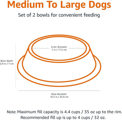 Amazon Basics Stainless Steel Non-Skid Pet Dog Water And Food Bowl, 2-Pack (10 x 2.8 Inches), Each Holds Up to 4 Cups