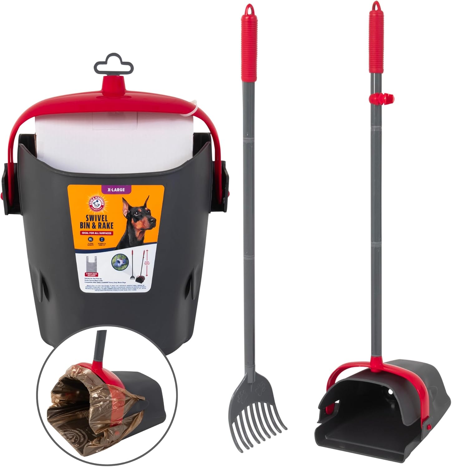 Arm & Hammer Dog Pooper Scooper Swivel Bin & Rake, Poop Scoop for Dogs, Black (2 Heavy Duty Scented Waste Bags Included)