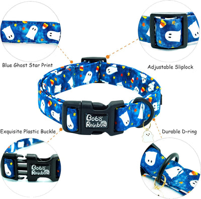 Halloween Dog Collar-Ghost Print Pet Collar Fall Blue Adjustable Cute Soft Collars Holiday Lightweight Quick-Release Buckle Puppy Collars for Medium Dogs