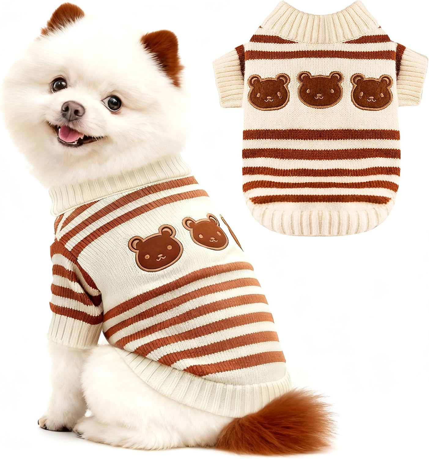 Dog Sweaters for Small Dogs with Cute Bear Pattern, Striped Soft Stretchable Warm Puppy Clothes for Small Dogs Cats, French Bulldog, Chihuahua for Winter