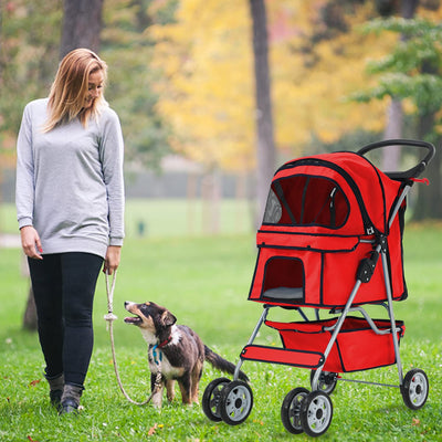 4 Wheels Pet Stroller, Pet Dog Cat Jogger Stroller, Folding Carrier Waterproof Puppy Stroller with Cup Holder & Removable Liner, Dog Strollers for Small Dogs, for Small and Medium Pet Supplies (Red)