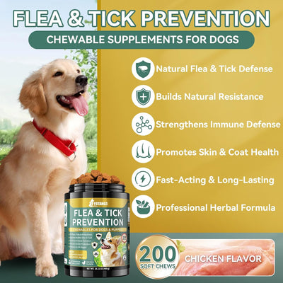 Flea and Tick Prevention for Dogs Chewable, 200 Soft Treats Natural Dog Flea and Tick Treatment Chewable, Oral Flea Supplement Chews, Skin & Coat Support for Dogs Puppies - All Breeds & Ages