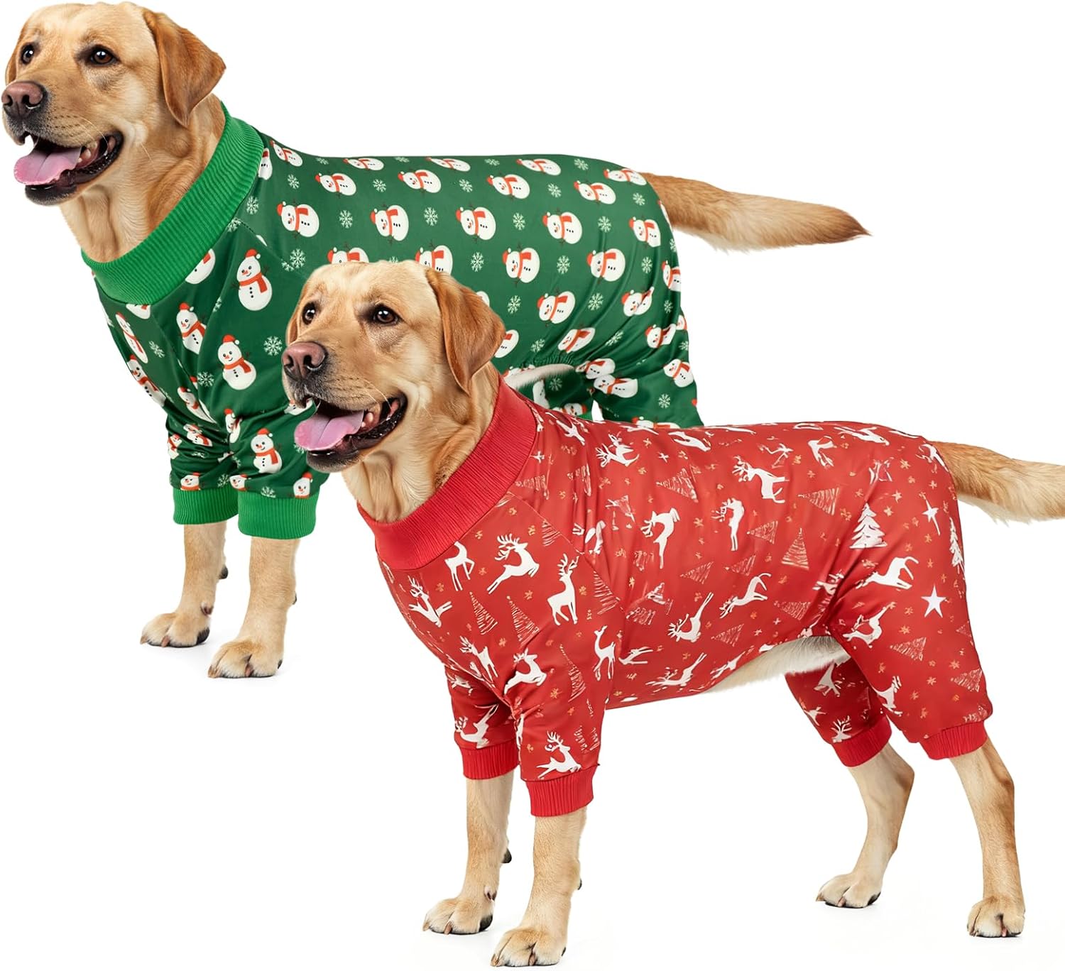 Vehomy 2-Pack Christmas Dog Pajamas Xmas Pet Pjs with Snowman Elk Patterns Christmas Dog Onesie Jumpsuits Jammies Clothes Stretchy Shirts Comfy Outfit Costume Apparel for Small Medium Large Dogs XXL