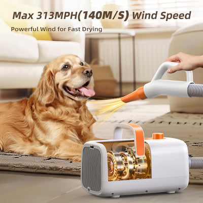 Dog Blower Grooming Dryer for Beginner - Maximum 495ft/s High Velocity Pet Blow Dryer with Cool-Warm-Hot Cycle Mode, Adjustable Temp & Speed, Dog Dryer with 4 Nozzles and Up to 6.56ft Flexible Hose