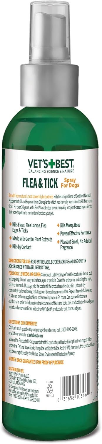 Vet’s Best Natural Flea and Tick Spray for Dogs – Plant-Based Flea Repellent with Certified Essential Oils – Natural Pest Control and Prevention – Non-Toxic Formula for Home Use – 8 oz Bottle