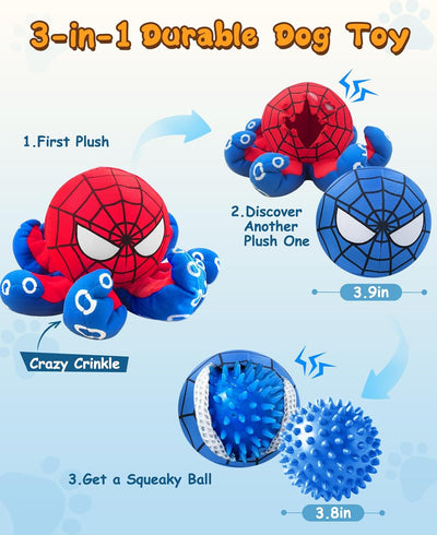 JoySolar 2 in 1 Stuffed Squeaky Dog Toy - Spider Rip and Reveal Dog Toy, Tear Apart Plush Interactive Pet Toy with Spikey Ball Inside for Small Medium Pets to Keep Them Busy