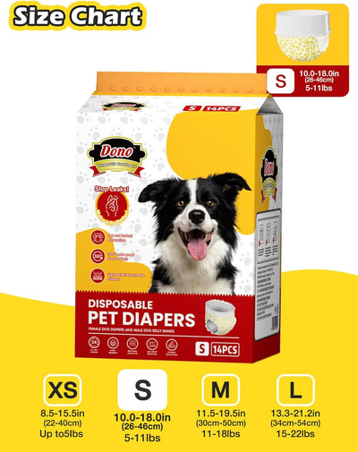 Dono Dog Diapers Female, Disposable Full Wrap with Stretchy Waist, 360° Leak-Proof, Absorbent, Heat Period Doggie Diapers for Small and Large Dogs for Heat, 14 PCS