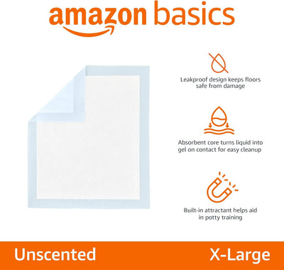 Amazon Basics Dog and Puppy Pee Pads with 5-Layer Leak-Proof Design and Quick-Dry Surface for Potty Training, Standard Absorbency, X-Large, 28 x 34 Inch - Pack of 60, Blue & White