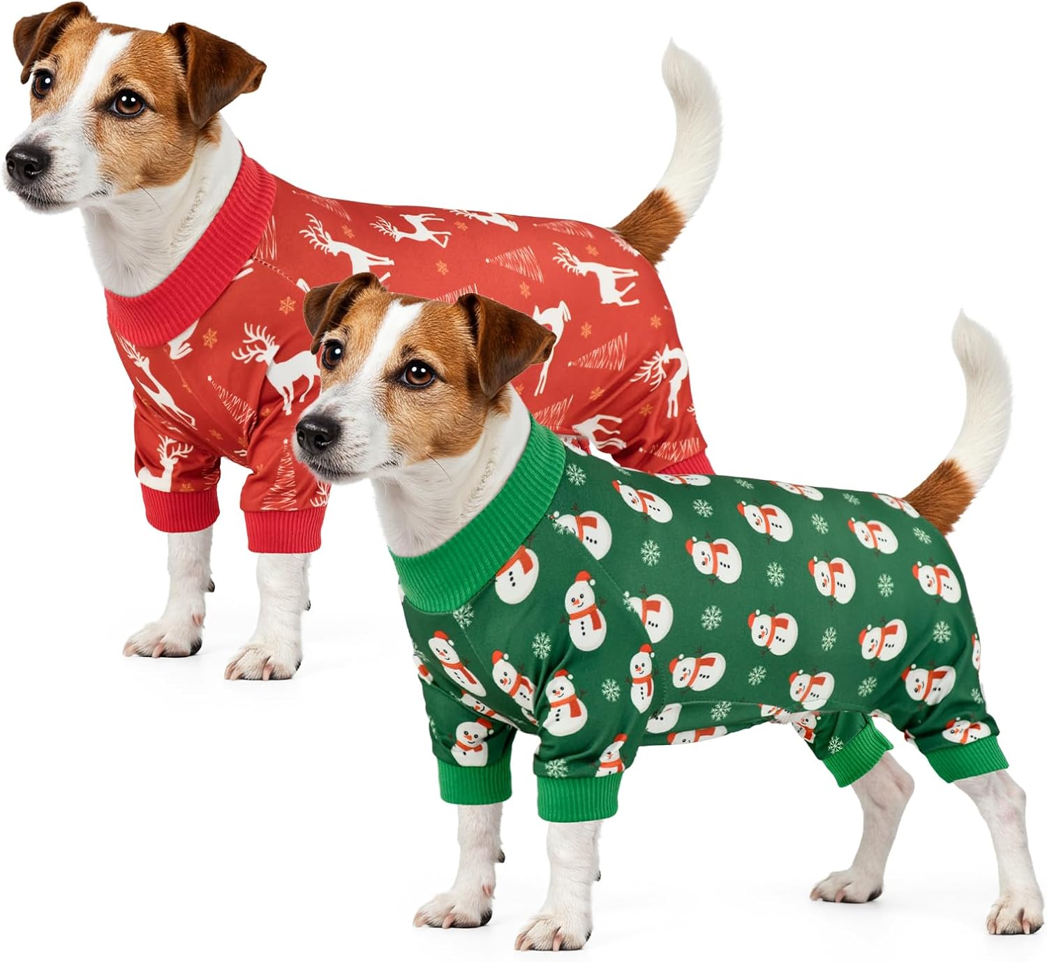 Vehomy 2-Pack Christmas Dog Pajamas Xmas Pet Pjs with Snowman Elk Patterns Christmas Dog Onesie Jumpsuits Jammies Clothes Stretchy Shirts Comfy Outfit Costume Apparel for Small Medium Large Dogs XXL