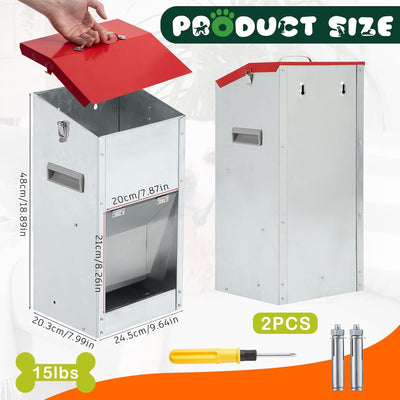 2 Pcs Large Automatic Dog Feeders with Handle Acrylic Panel Galvanized Gravity Feeder Outdoor Hanging for Doggie Breed Dog Food Dispenser Container(Red,15 Lbs)