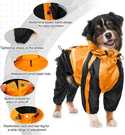 Dog Raincoat - Waterproof, Lightweight Jacket for Large Dogs - Adjustable 4 Legs Pet Poncho With Hood, Snow-Proof Vest, Leash Hole