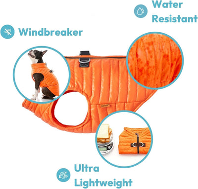 Gooby Puffer Vest Dog Jacket - Orange, Medium - Ultra Thin Zip Up Wind Breaker with Dual D Ring Leash Water Resistant for Small to Medium Dogs