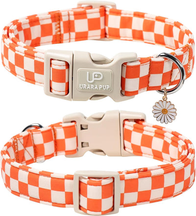Gingham Fall Dog Collar – Adjustable Orange Picnic Checkered Dog Collar with Daisy Pendant, Classic Autumn Dogs Collars for Girl Boy Dogs