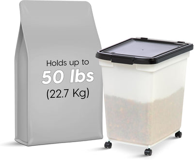 IRIS USA WeatherPro Airtight Dog Food Storage Container 50 Pound, Removable Wheels, for Dog Cat Bird and other Pet Food Storage Bin, Keep Fresh, Translucent Body, Easy Mobility, Pearl/Black