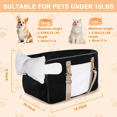 Dog Car Seat for Small Dogs, Portable Center Console Dog Car Seat, Pet Booster Seats with Safety Belt and Soft Cushion, Pet CarSeat for Dogs and Cats Under 15 lbs,Black