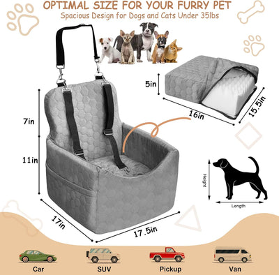 Dog Car Seat for Small/Medium Dogs - Dog Booster Seat with Safety Straps & Non-Slip Base, Travel Pet Car Seat with Storage Pockets, Washable & Removable, Suitable for Dogs Under 35 lbs (Gray)