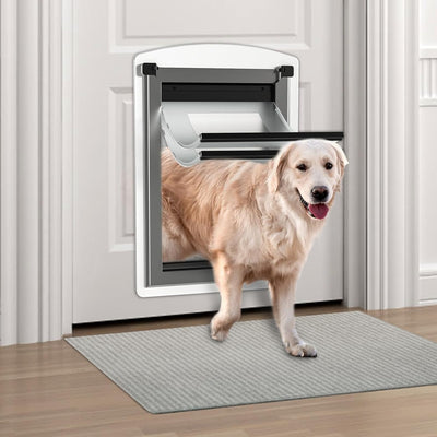 [MAVRICTECH] Large Dog Door for Door, Steel Dog Door for Exterior Door with Telescoping Tunnel, Magnetic Double Flaps Design and Two Sliding Lock Panels, for Pets Up to 110LBS, White
