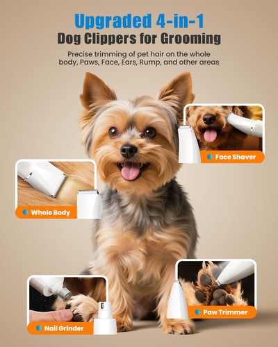 4 in 1 Dog Clippers Grooming Kit with LED Light, 2025 Upgraded Low Noise Dog Paw Trimmer Nail Grinder Grooming Clippers, 2-Speed Professional Pet Hair Trimmer Face Shaver for Paw,Nail,Body (Purple)