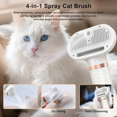 4-in-1 Pet Hair Dryer for Dogs & Cats, Grooming Comb with Spray, Defur Tool, Water-Assisted Hair Removal, Gentle Cat & Dog Spritz Brush, Multi-Purpose Steam Grooming Kit