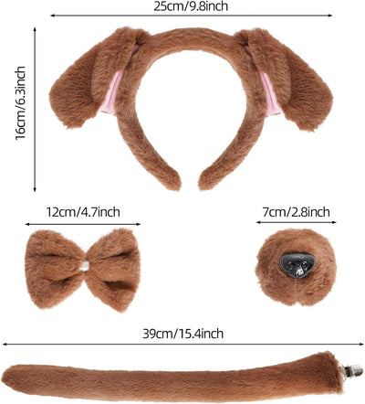 4 Pieces Animal Puppy Dog Costume Set Brown Puppy Dog Ears Headband Tail Nose Bowtie for Halloween Cosplay Dress Up Party