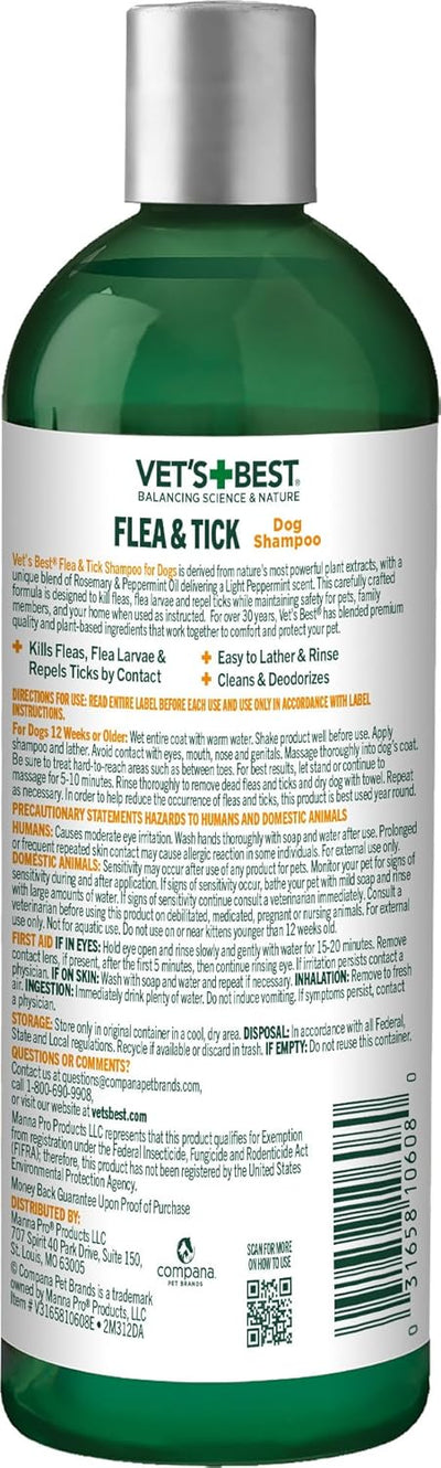 Vet’s Best Natural Flea and Tick Shampoo for Dogs – Plant-Based Formula with Certified Essential Oils – Advanced Strength Flea Treatment and Bath – Itch Relief and Tick Control – 12 oz – Made in USA