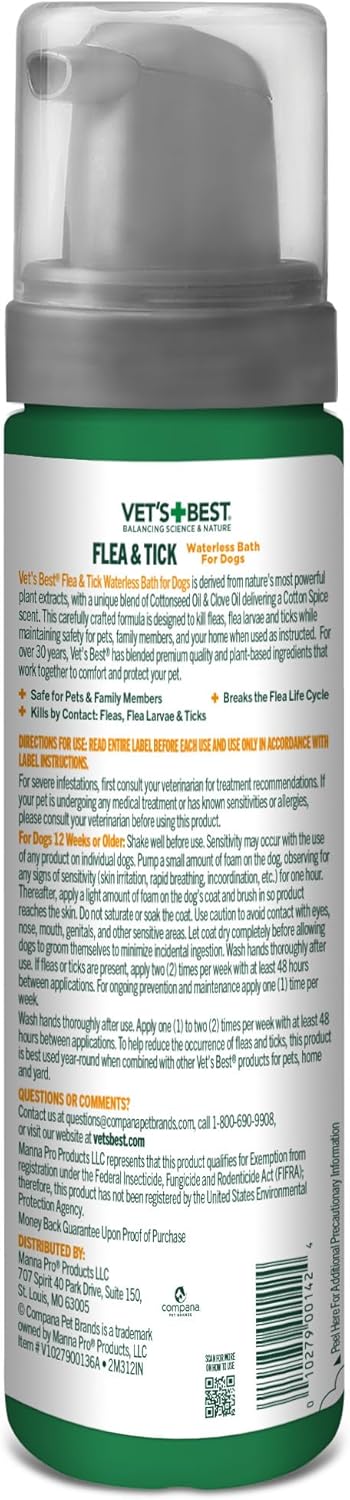 Vet’s Best Natural Waterless Flea and Tick Dog Bath – Natural Flea & Tick Prevention – Dog Dry Shampoo Spray with Essential Oils – Kills Pests on Contact – Made in USA – 8 oz